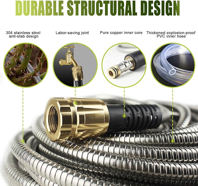15FT Metal Garden Hose - Stainless Steel, Heavy Duty, Flexible & Lightweight, Never Kink and Tangle, with 10-Function Nozzle, Pressure Resistant for Outdoor Use (Yellow)