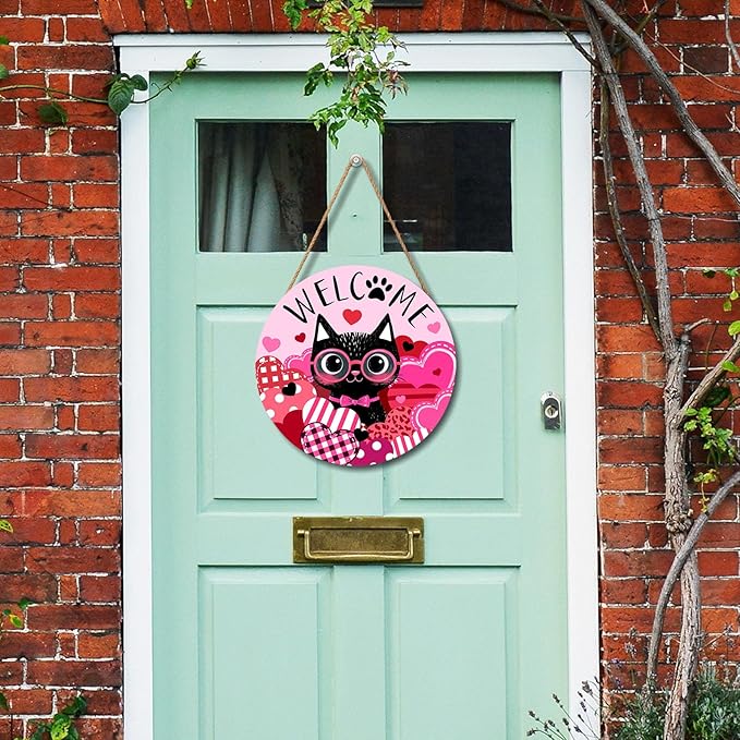 Welcome Valentine's Day Black Cat Door Sign For Front Door Decor,Pink Love Heart Wooden Sign 12"x 12" Round Wood Hanging Door Sign Anniversary Wedding Decoration for Wall Rustic Decor