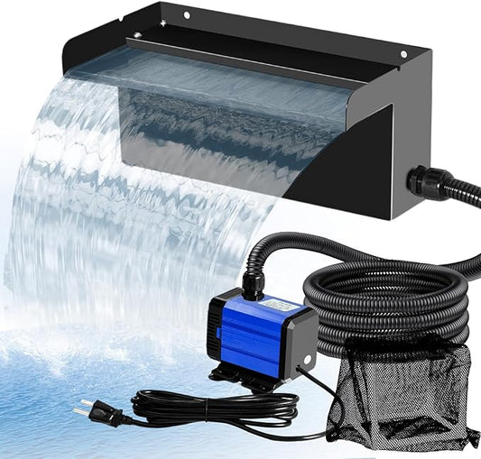 Pond Waterfall Kit with Pond Filter Box - 55W Submersible Pump & 12" Adjustable Waterfall Spillway | Complete Set with Extra Long Hose for Garden Ponds, Backyard Water Features