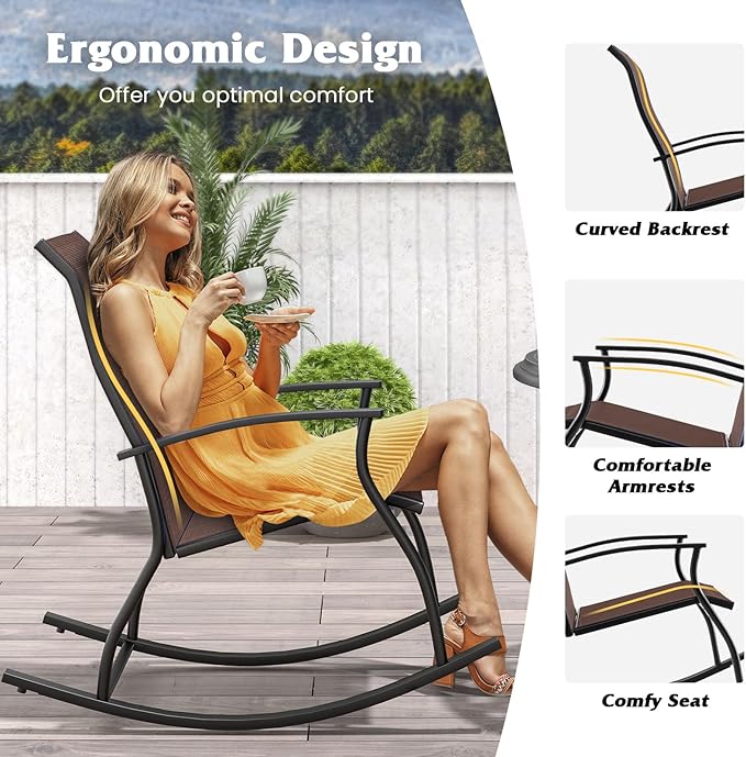 Giantex Outdoor Rocking Chair Set of 4 - Patio Rocking Chairs w/Breathable Backrest, Sturdy Metal Frame & Safe Ergonomic Design, Cozy Fabric Rocker for Backyard, Poolside, 330 lbs, Brown