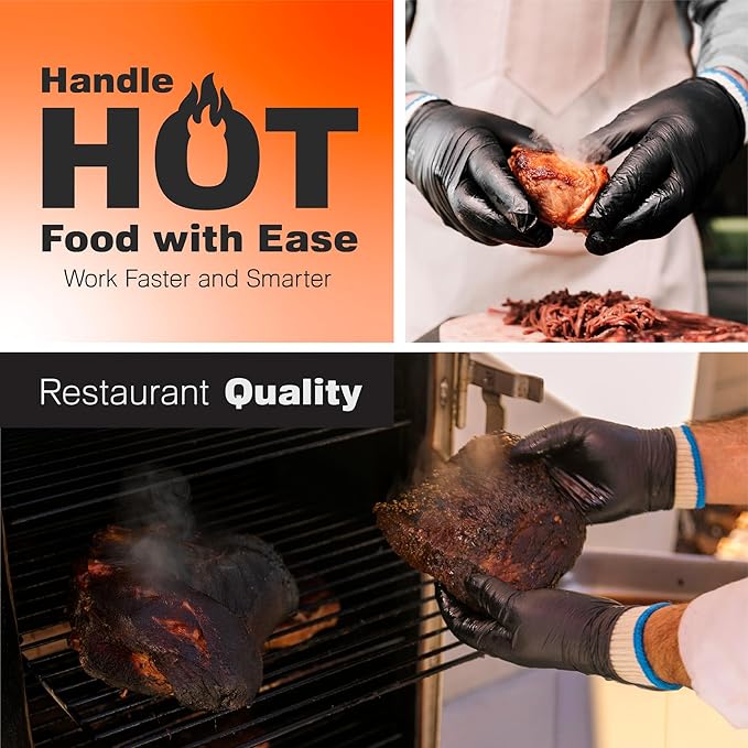 Raxwell BBQ Gloves - Heat-Resistant Gloves for Cooking - Food-Grade Non-Slip Grip & Essential Grilling Accessories - Fingered Oven Shields - X-Large, 6 Cotton Liners, 100-Count Nitrile