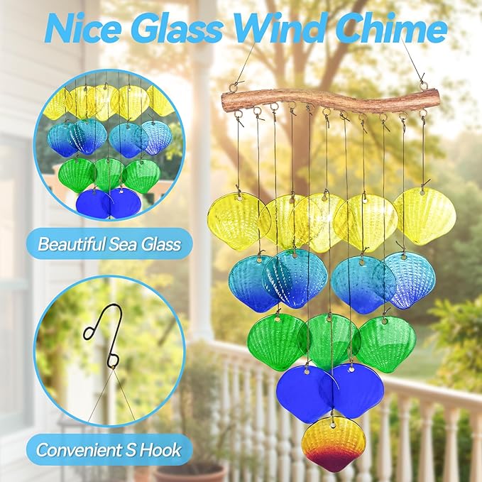 Sea Glass Wind Chime, Shell Shape Glass Windchime for Outside, Indoor Outdoor Decor for Patio Garden Yard, Nice Gifts for Mom & Women, Memorial Sympathy Gift for Home