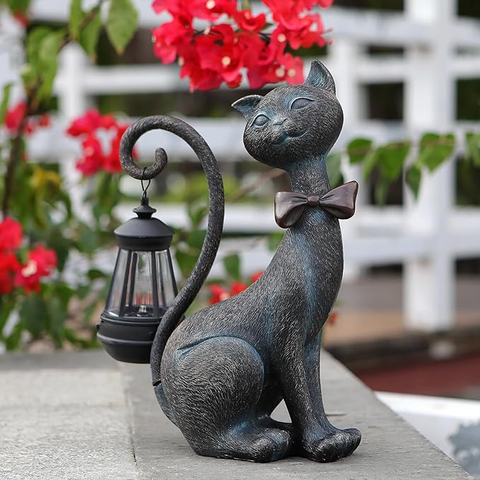 Whimsical Outdoor Cat Statues with Solar Garden Light:Cat Garden Statues for Outside Fall Decor Clearance,Outdoor Figurine for Yard Art Lawn Ornaments Patio Balcony Home House - Birthday Gifts for mom