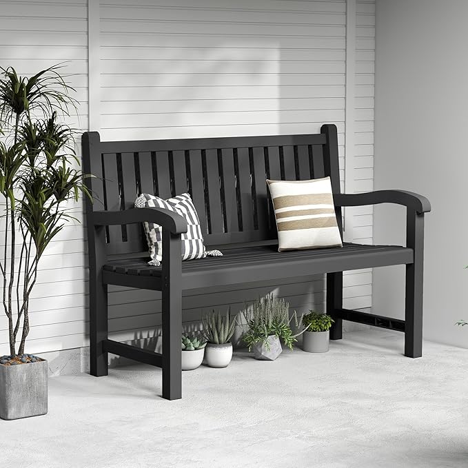 ROJIK Outdoor Bench Resin Patio Chairs Waterproof 2-Person Slatted Chairs with Sturdy Frame, Comfortable Seating for Garden Backyard Porch and Park(Black)