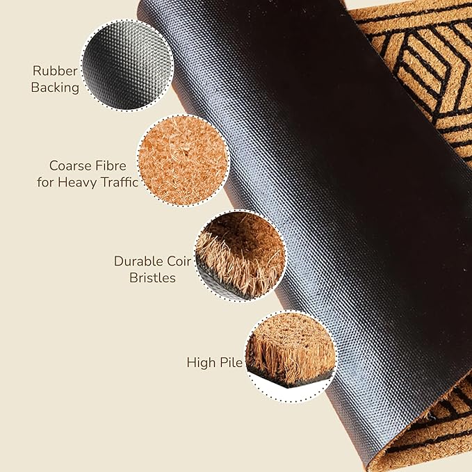 Welcome Doormats, Natural Coco Coir Mats with Non-Slip PVC Backing, Indoor Outdoor Mats for Home & Office, Floor Rugs for Door Decor, Geometric Porch Rug with Black Maze Pattern, 30"x17"