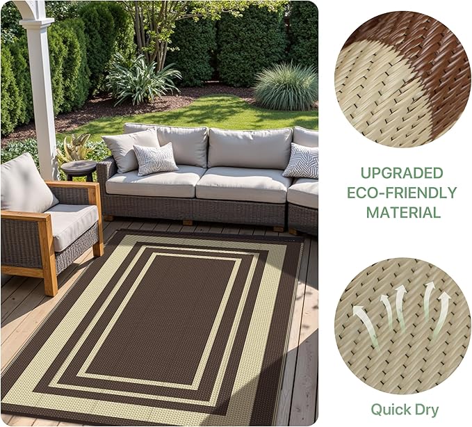 GENIMO 6' x 9' Outdoor Rug Waterproof for Patio Decor, Reversible Plastic Straw Area Rugs Mat for Camper, Outside Carpet for Rv, Deck, Porch, Picnic, Balcony, Mix-Coffee & Beige
