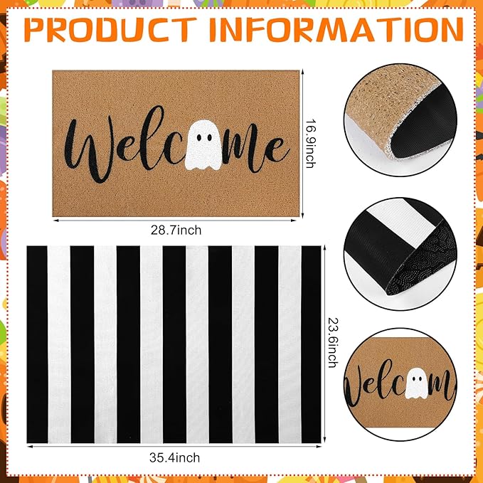 Tinideya 2 Pcs Halloween Door Mat Ghost Welcome Non Slip Coir Mats Cute Black White Stripe Floor Layering Doormats Seasonal for Front Porch Entryway Decor(White Ghost)