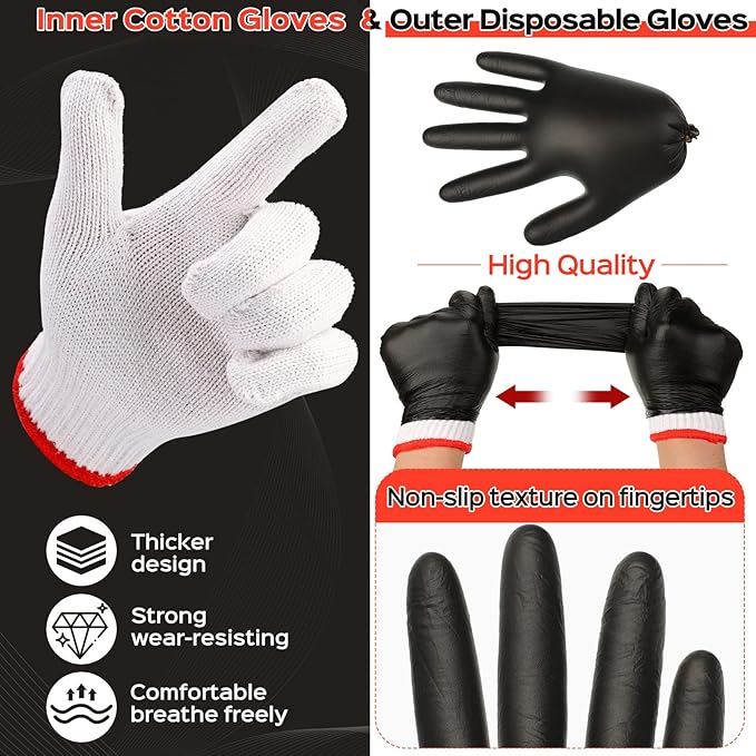 Janmercy 200 Pcs Disposable Nitrile BBQ Gloves Kit with 8 Washable Cotton Liners 5mil for Grilling Cooking Baking Gloves(X-Large,Black, White)