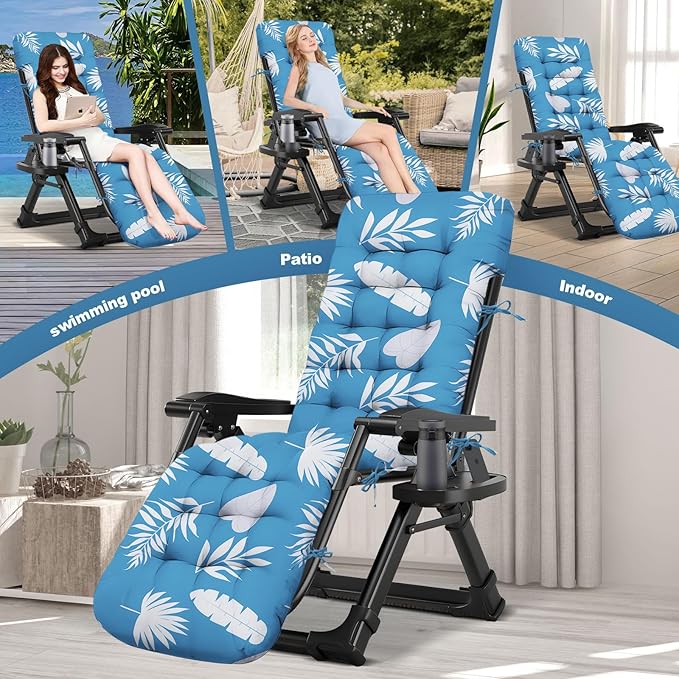 Outdoor Chaise Lounge Chair Cushion Waterproof 66 x 21 x 4 Inches Cotton Lounge Chair Cushions with Ties, Soft Thickened Lounge Chair Cushions for Indoor Outdoor Furniture (Blue Leaves)