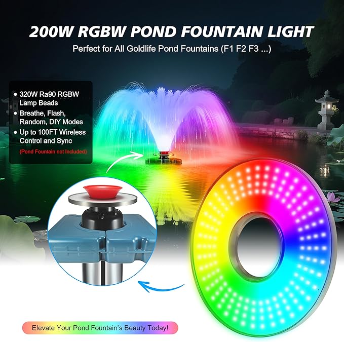Goldlife Pond Fountain Aerator Lights, 200W RGBW 20000LM 160LED Fountain Light With 100FT Power Cord, IP68 Waterproof Stainless Steel Wireless Sync Control Floating Fountains Pump Light for Lake Ponds