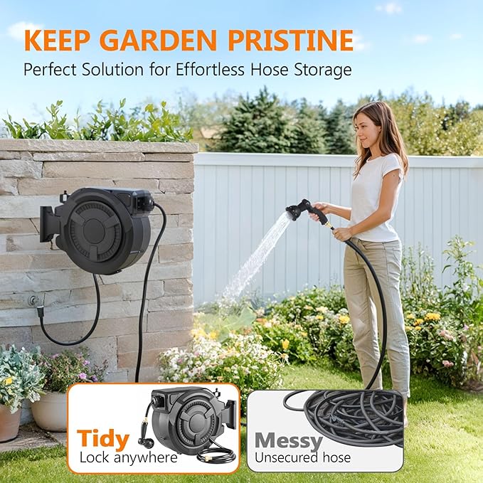 wikiwiki Retractable Garden Hose Reel 5/8 in x 100 ft, Heavy Duty Wall Mounted Hose Reel with 10- Function Sprayer Nozzle, Automatic Slow Return System/180°Swivel Bracket/UV Resistant (Black)