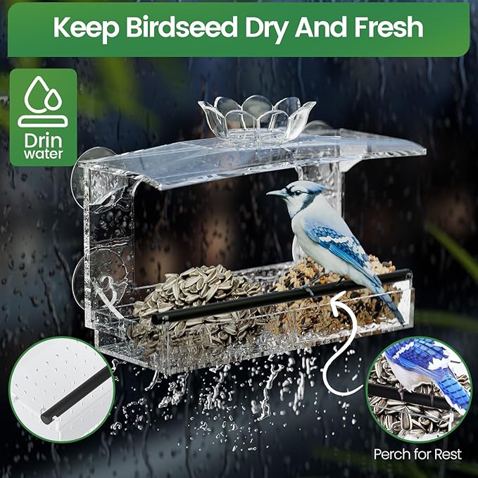 Window Bird Feeder for Outdoors-Clear Acrylic Window Bird Feeders with Strong Suction Cups and Removable Seed Tray,Transparent Birdhouse for Viewing Wild Birds, Ideal Outside Gardening Gifts