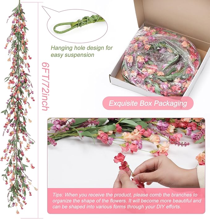 Artgar Flower Garland 6Ft Spring/Summer Garland Floral Garlands for Mantle All Year Round Paper Garlands Decor for Indoor Outdoor Home Wedding Arch Porch Stair Year Round Decor (Red&Orange&Purple)