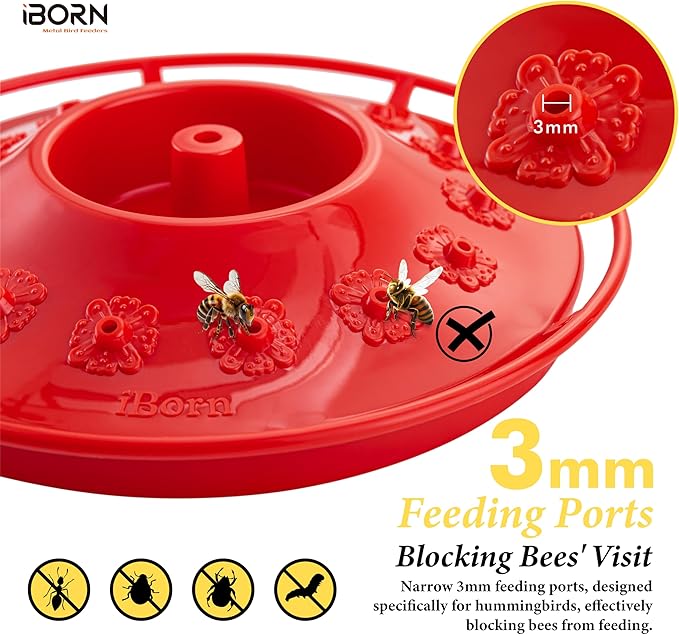 iBorn Hummingbird Feeders for Outdoors Hanging,Bee Proof Hummingbird Feeder with 14 Feeding Ports,13 OZ Saucer Humming Bird Feeders with Ant Moat,Ant Proof No Leak,Easy to Clean and Refill,2 Pack,Red