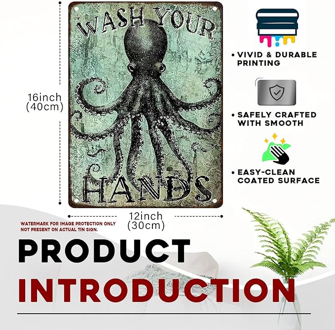 Funny Octopus Metal Tin Sign Wash Your Hands Vintage Tin Signs Bathroom Signs Restroom Decor Guest Wall Decor 12x16inch