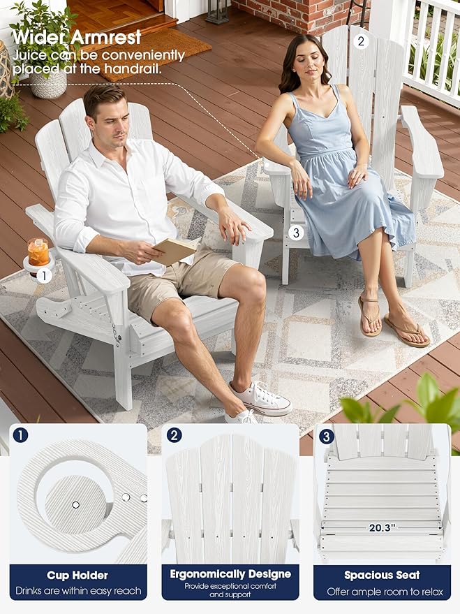 KINGYES Folding Adirondack Chair Set of 4, HDPE All-Weather Patio Chairs with Cup Holder, Wooden Textured Fire Pit Chairs for Poolside, Backyard, Deck, White