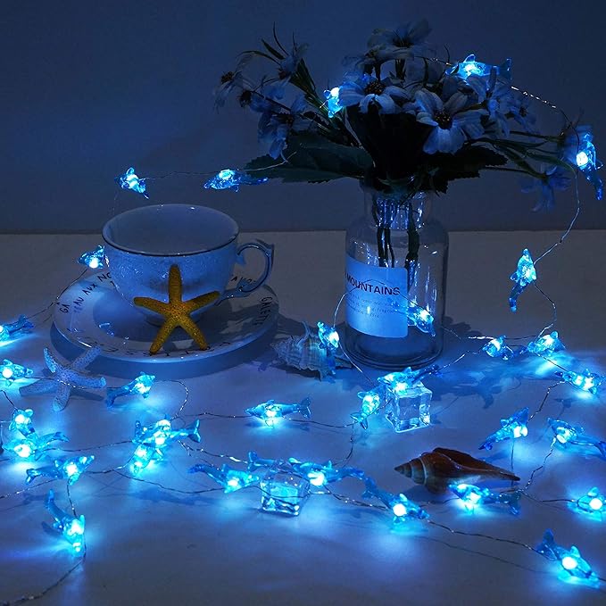 Decorman Dolphin Decorative String Lights, 14ft 40 LED 8 Modes Cool White Weatherproof Battery Operated Ocean Theme Lights for Bedrooms Parties Weddings Gardens with Remote and Timer