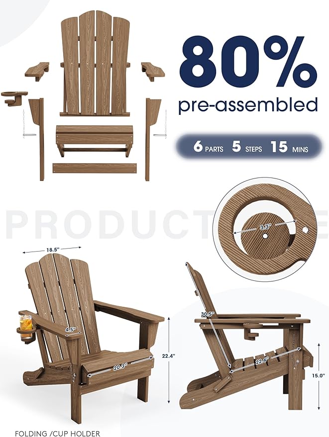 KINGYES Folding Adirondack Chair Set of 4, HDPE All-Weather Patio Chairs with Cup Holder, Wooden Textured Fire Pit Chairs for Poolside, Backyard, Deck, Brown