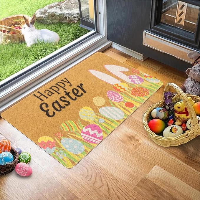 Easter-Decorative-Welcome-Doormat Outdoor-Entrance Easter Bunny Door Mat Non Slip Coir Front Door Mats for Spring Home Decor 17" x 29"