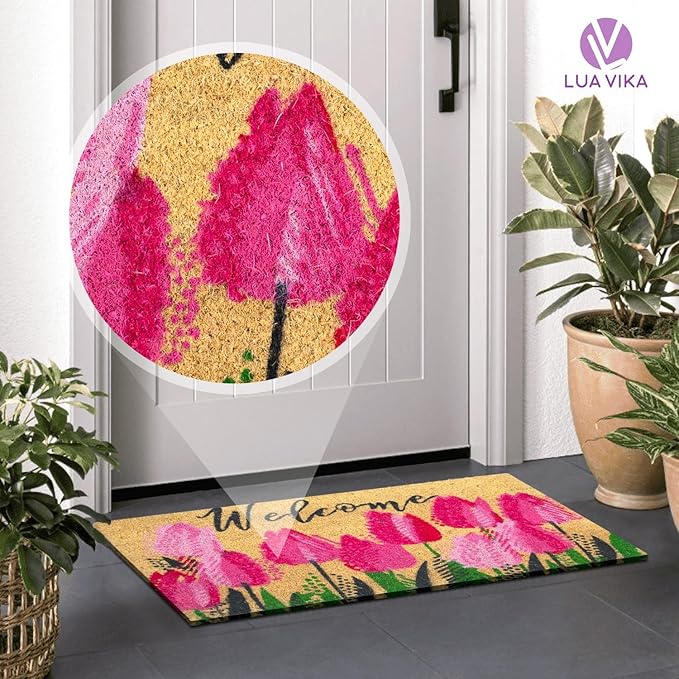 Coir Doormat, Front Door mats Outdoor, Funny Welcome mat Outdoor, Front Door mat for Home Entrance, Door mat Outside Entrance, Welcome mat Indoor 16"x27.5" (Tulips)