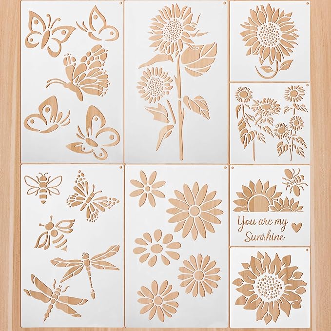 8 Pieces Sunflower Butterflies Painting Stencils Flower Butterfly Stencil Kit for Painting on Wood Wall Canvas You are My Sunshine Reusable Plastic Template for Door Home Decoration