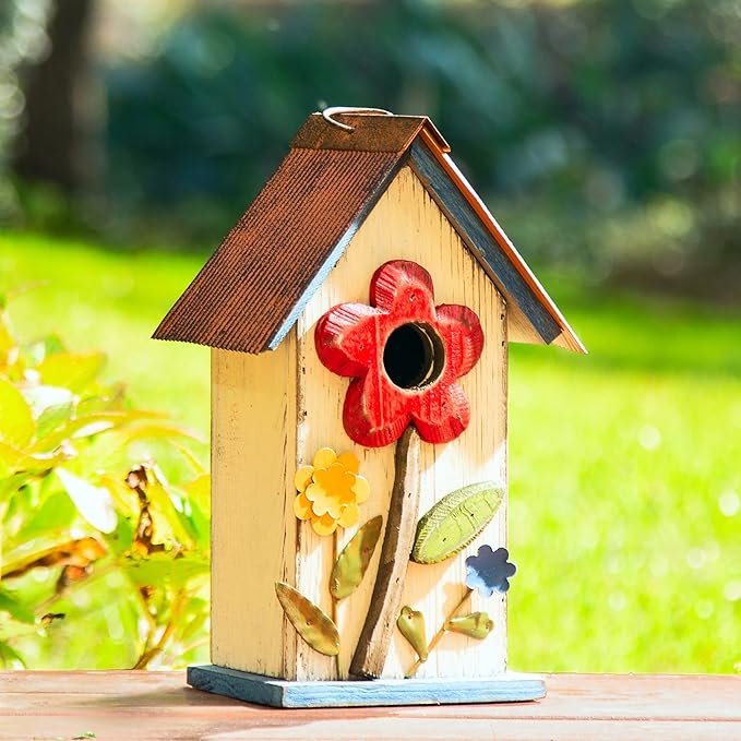 Glitzhome Bird House for Outdoor Hanging, 10.2" H Garden Decorative Birdhouse Pet Cottage Distressed Wooden Bird House for Outside, Bird Nest Box for Bluebird Wren Chickadee Sparrow, Flower White