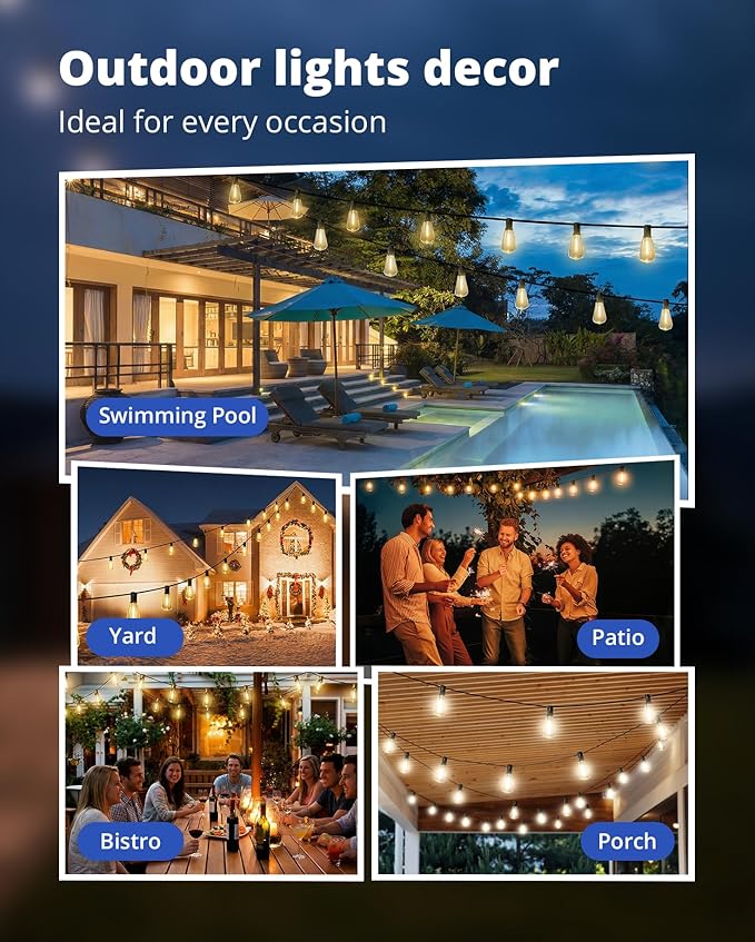VIPAR Outdoor String Lights, 100FT 52 ST38 Bulbs Patio Lights Outdoor Waterproof, Shatterproof Vintage Edison LED Outside Hanging Light for Backyard, Porch, Garden, Deck, Bistro, 2700K Dimmable