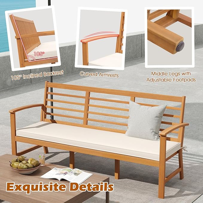 Tangkula 64 Inch Patio Acacia Wood Bench, 3-Seat Extra Long Chair with Cushion, Slatted Seat & Backrest, 3-Person Outdoor Wood Bench for Backyard, Porch, Balcony & Garden