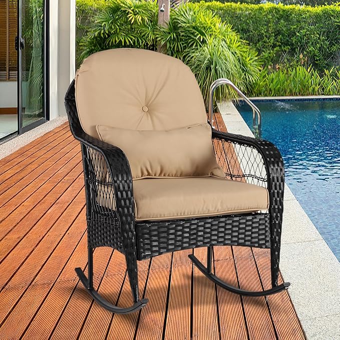 Outdoor Wicker Rocking Chair, 2 Piece PE Rattan Rocker Set with Cushion & Pillow, Outdoor Rocking Furniture for Garden, Porch, Backyard, Poolside (Black Rattan+Khaki Cushion)
