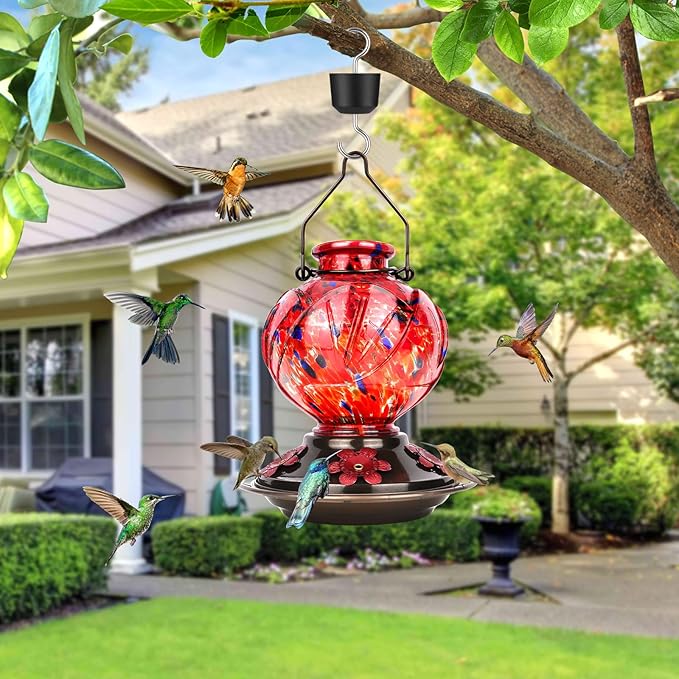 BOLITE Hummingbird Feeder, Hand Blown Glass Hummingbird Feeders for Outdoors Hanging, with Ant Moat and 5 Feeding Ports, 22 Ounces, Peony Flower Shape, Red, Gifts for Women Men, Gifts for Mom Dad