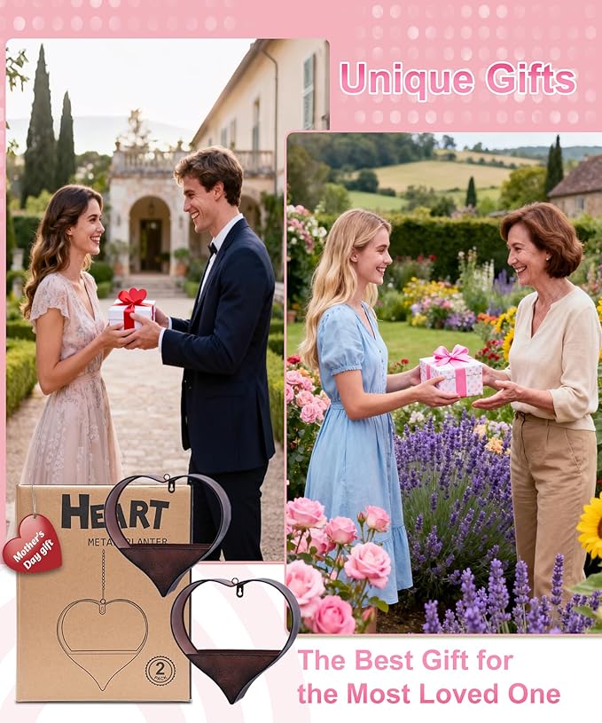 Metal Plant Hangers Indoor and Outdoor: Valentines Day Gifts for Her Wife Women Mom Garden Lovers Birthday - Heart Shape Hanging Planters for Window Wall Living Room Office Decor(2 Pack)