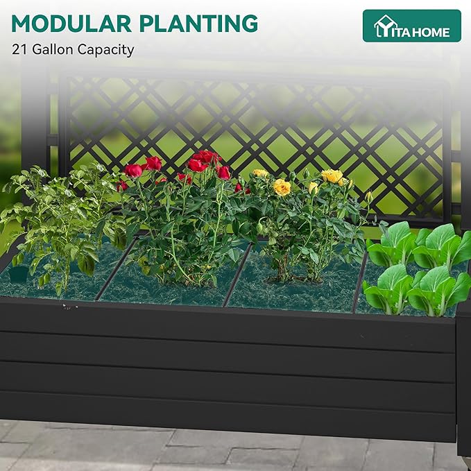 YITAHOME 3.6x1.5x5 FT Planter Box Trellis with Wheels, Large Outdoor Plastic Raised Garden Bed with Drain Plug for Climbing Plants, Black