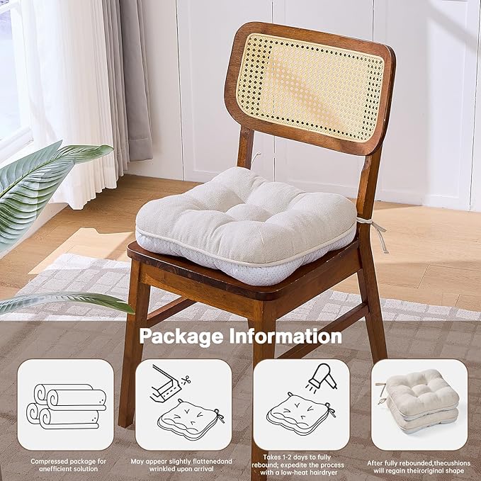 BETU Chair Cushions for Dining Chairs Set of 6,3.5" Thick Kitchen Table Chair Pads with Ties,Non Slip Backing and Covers, Seat Cushion for Dining Room,Bar,Patio Chairs,16"X16"X3.5",Beige