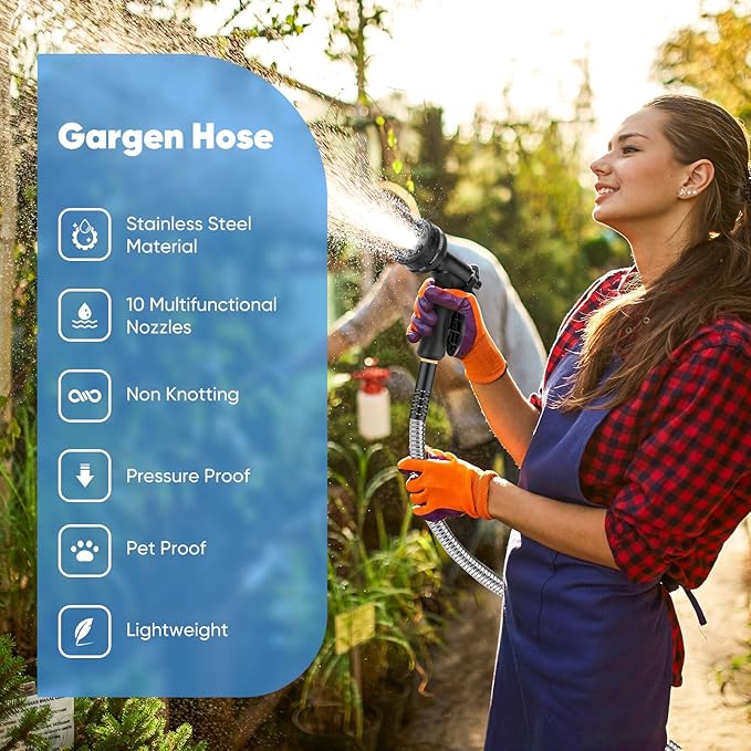 Garden Hose 100 FT, Metal Stainless Steel Water Hose with 10 Function Nozzles, No Kinks, Flexible Hose, Lightweight, Puncture Proof, Heavy Duty Hose for Yard and Outdoor, Silver