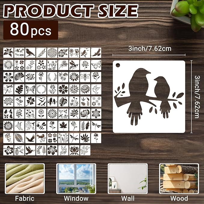 80 Pcs 3 Inch Stencils for Painting on Wood, Butterfly & Flower Stencils for Crafts Reusable Drawing Stencil for Kids Classroom Projects, Fabric Art, Wood Signs, Wall Murals