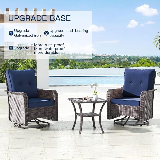 Kullavik 12PCS Outdoor Patio Furniture Set,PE Wicker Rattan Sectional Sofa Patio Conversation Sets with Tempered Glass Table,Swivel Rocking Chairs Set,Navy Blue