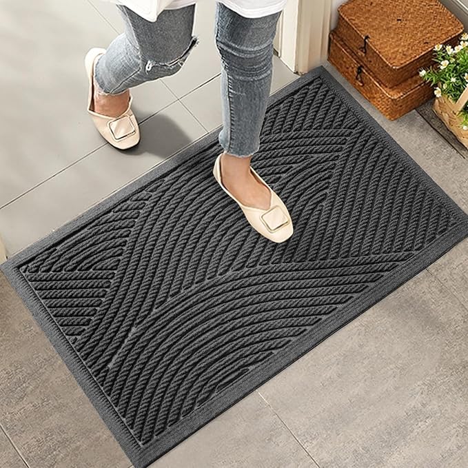 Sturdy Front Door Mat, Absorbent Muddy Dirt Resist Welcome Door Mats Outdoor Indoor, Stain and Fade Resistant, Non-Slip Backing Entry Mat Low Profile Doormat for Entryway, 36×24, Grey