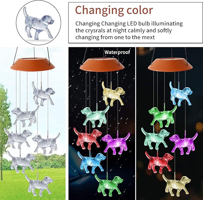 Dog Wind Chimes Solar Powered Wind Chime Outdoor Dog Remembrance Gifts Color Changing Solar Mobile Hanging Solar Wind Chimes Garden Gift for Grandma Yard Decor
