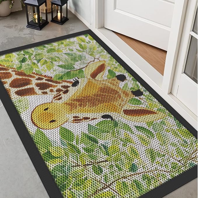 LUMI Outside Door Mat 32x47, Non Slip Rubber Backing Doormat, Low Profile Easy Clean Entrance Mats for Front Back Door Entryway Porch Garage, Giraffe