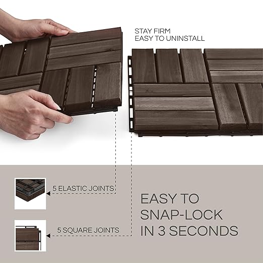 10 Pcs Deck Tiles, Patio Flooring - Outdoor Waterproof Acacia Wood Tiles for All Weather Use - Balcony, Backyard, Indoor & Outdoor (Espresso Crossed Pattern, 10 Square Ft)