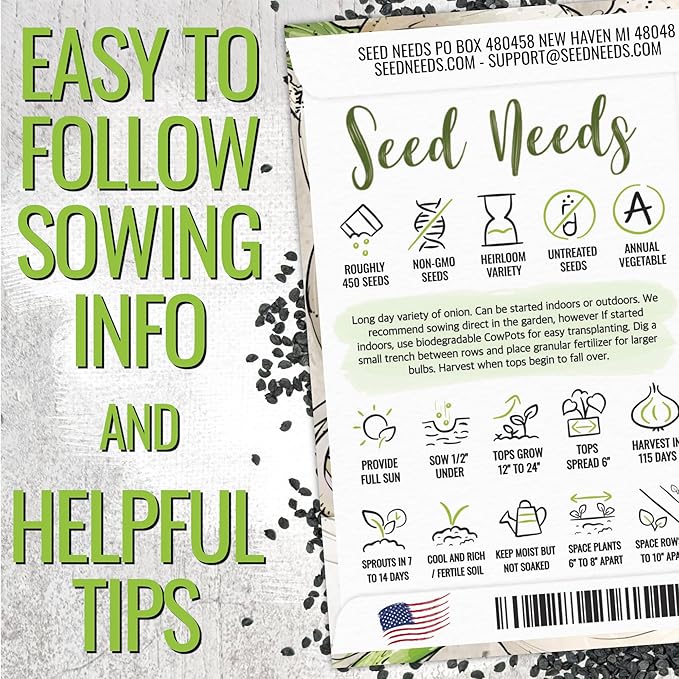 Seed Needs Onion Seeds for Planting Walla Walla Long Day Onions - Non-GMO Heirloom & Untreated Vegetable Seeds to Plant an Outdoor Home Grown Veggie Garden (1 Pack)