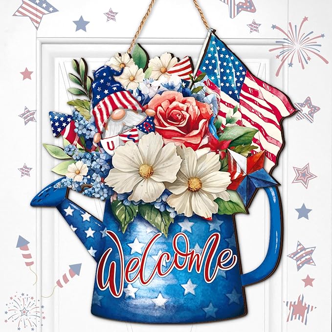 Juexica 4th of July Door Decor Patriotic Wooden Hanging Sign Independence Day Memorial Day Decoration American Flag Bouquet Door Hanger for Outdoor Farmhouse Porch