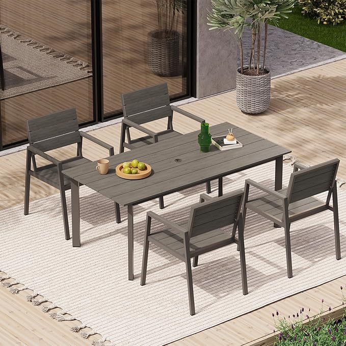 67" Rectangle HDPS Patio Dining Table, Aluminum Outdoor Patio Dining Table with Umbrella Hole, Weather-Resistant for Lawn, Garden, Yard, Poolside and Indoor Use (Charcoal)