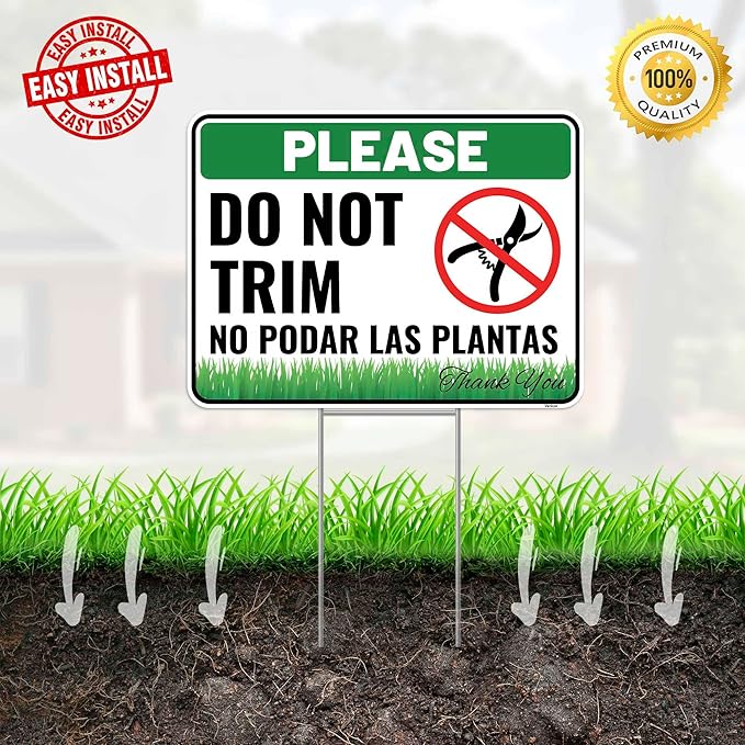 2PC Do Not Trim Signs in English and Spanish with Stakes, 12 Inches by 9 Inches - Corrugated Plastic - Bilingual Do Not Trim Garden Signs