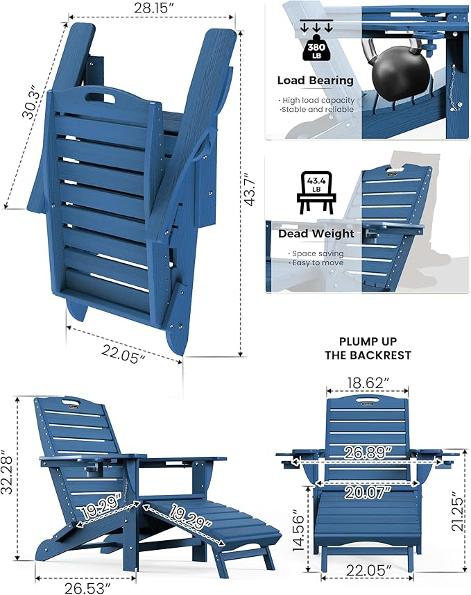 Ciokea Folding Adirondack Chair Set of 6 with Retractable Ottoman Fire Pit Patio Chair with Pull Out Foot Rest Weather Resistant Lawn Outdoor Chair with 2 Cup Holder (Navy Blue)