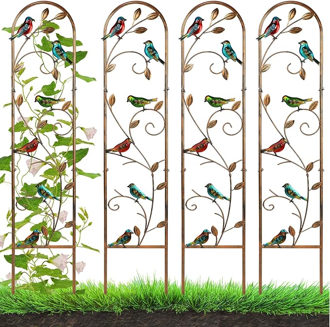 Blulu 4 Pack Metal Garden Trellis for Climbing Plants, 60x11 Detachable Rustproof Arched Fence Flower Vegetable Plant Stand for Outdoor Patio Yard Lawn Decorative(Hummingbird)