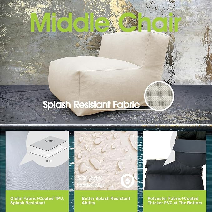 Patio Armless Chair, Outdoor Middle Bean Bag Chair, Daybed Sofa Comfy Couch, Modular Patio Sectional Sofa, Water-Resistant Olefin Fabric, High-Density Foam Filled, Comfy Lounge Seat, Light Beige