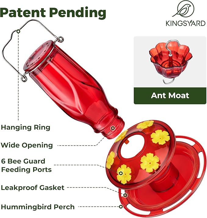 Kingsyard Glass Hummingbird Feeders for Outdoors Hanging, 6 Feeding Ports 16 Ounces Leakproof Bird Nectar Feeder for Garden Porch Fall Decorations, Easy to Refill & Clean, Ant Moat Included, Red