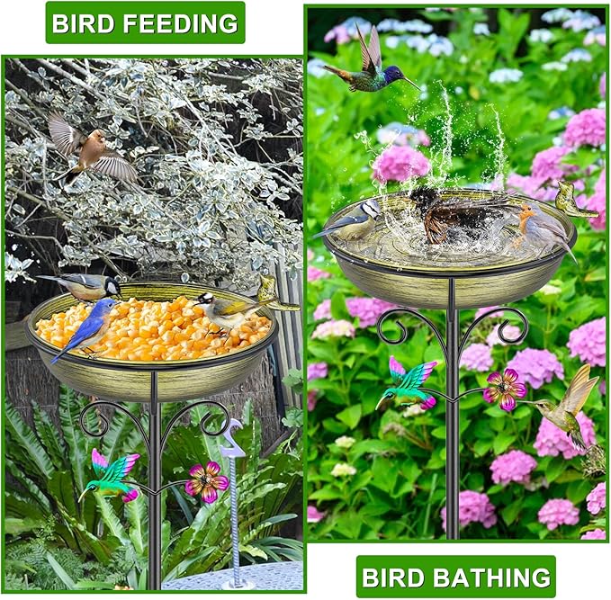 38.6in Bird Baths for Outdoors, Detachable Birdbaths for The Garden Clearance, Freestanding Bird Baths for Outdoors, Bird Bath Bowl Spa & Birdfeeder with Metal Stake Stand (Retro Gold)