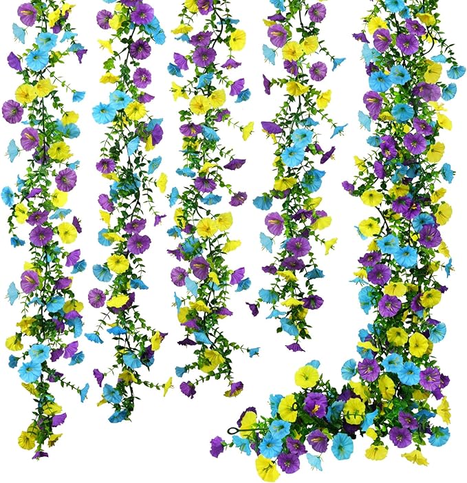 GTIDEA 6Pcs Fake Vines 36Feet Artificial Hanging Morning Glory Flower Garland Faux Vines for Outdoors for Wall Fence Indoor Wedding Decor (Blue & Yellow)